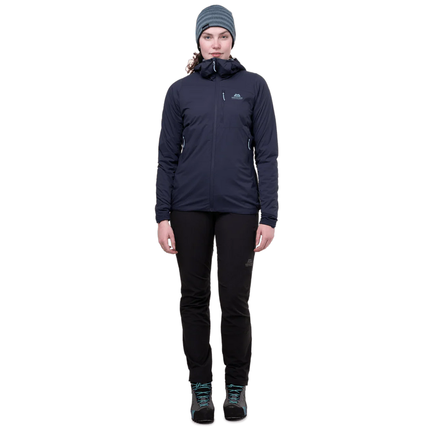 Mountain Equipment Switch Pro Hooded Women's Jacket in Cosmos - full front view showing elastane bound hem and low bulk cuffs with thumb loops
