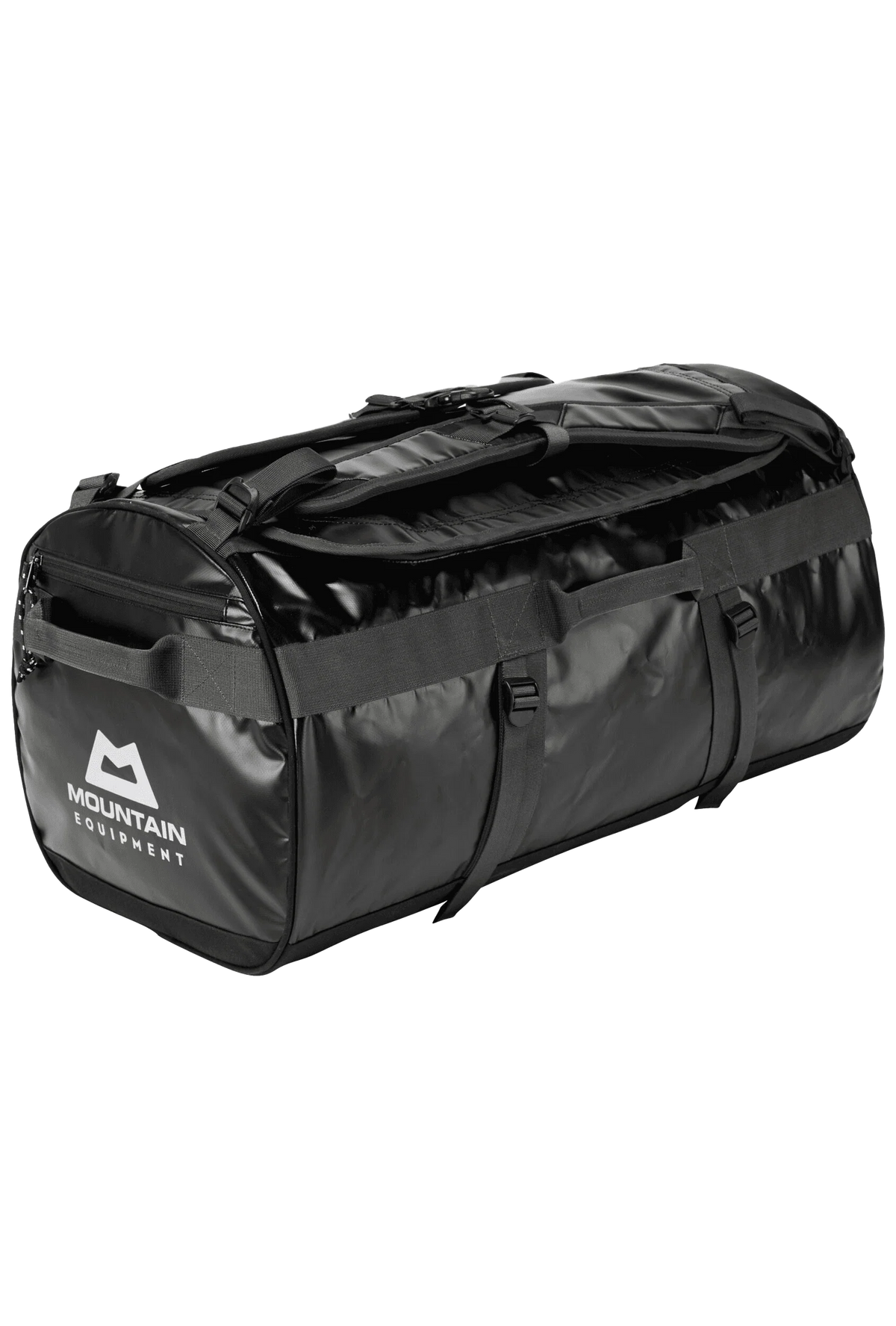 Mountain Equipment Wet & Dry 140L Kitbag in Black/Shadow/Silver - showing U-shaped lid and reinforced carrying straps