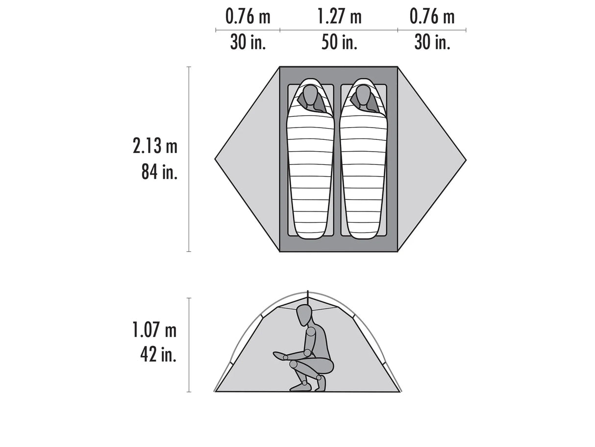 MSR Access 2 tent showing dual doors and vestibules with 481-litre gear storage for ski touring equipment