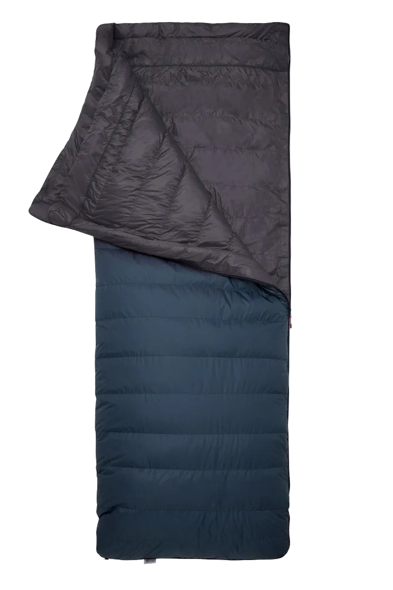 Folded sleeping bag with dark gray interior and navy exterior on a white background