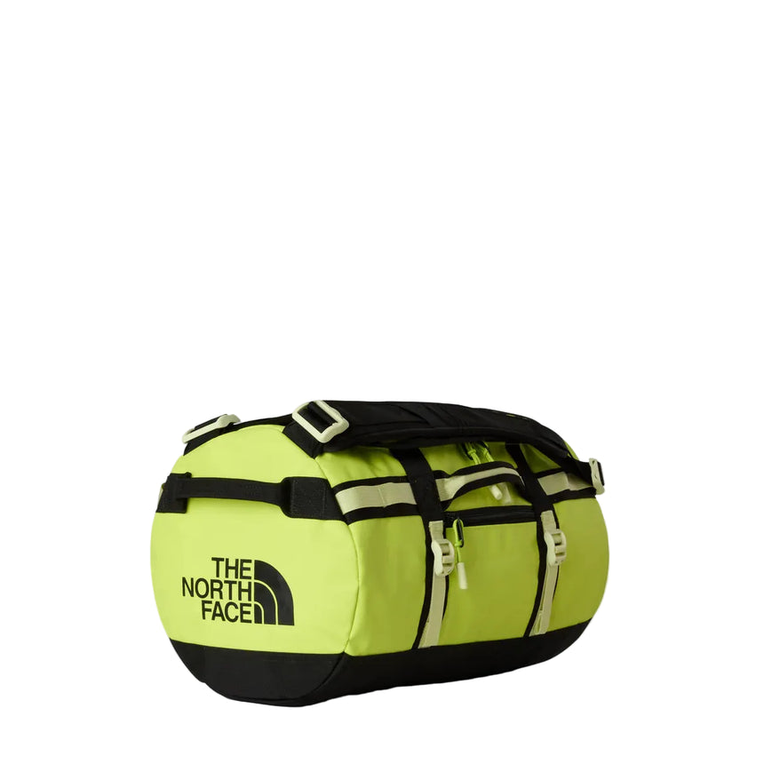 The North Face Base Camp Duffel Extra Small in Fizz Lime/Lemon Mist/TNF Black - front view showing water-resistant recycled fabric construction and D-zip opening