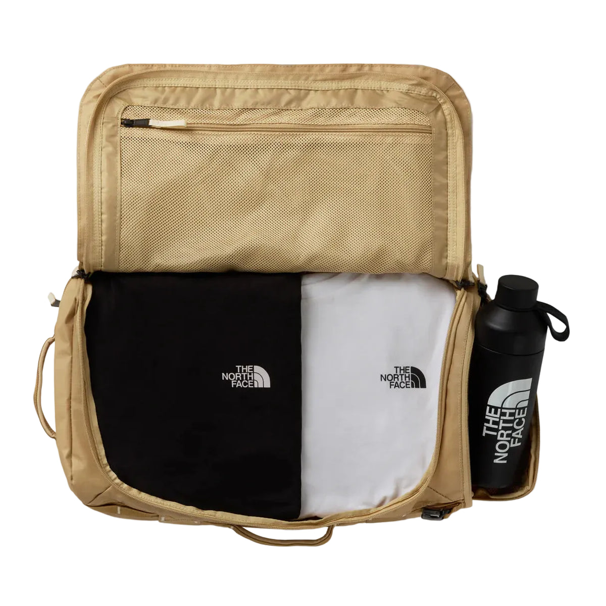 The North Face Base Camp Voyager Duffel 32L Khaki Stone/Utility Brown - back panel view showing stowable backpack straps and water-resistant ID window