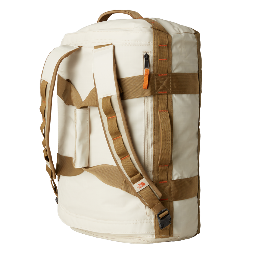 The North Face Base Camp Voyager Duffel 42L Desert Stone/Cedar/Desert Rust - back panel view showing stowable backpack straps and water-resistant ID window