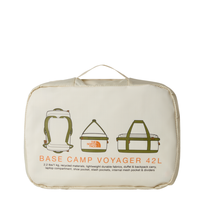 The North Face Base Camp Voyager Duffel 42L Desert Stone/Cedar/Desert Rust - detail of daisy-chain webbing attachment points and recycled ballistic nylon boot construction