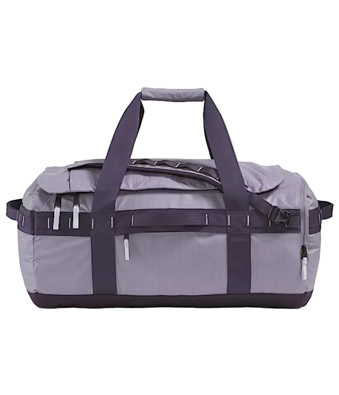 The North Face Base Camp Voyager Duffel 62L Transcendent Grey/Endless Dusk - side view with detachable padded shoulder straps and grab handles
