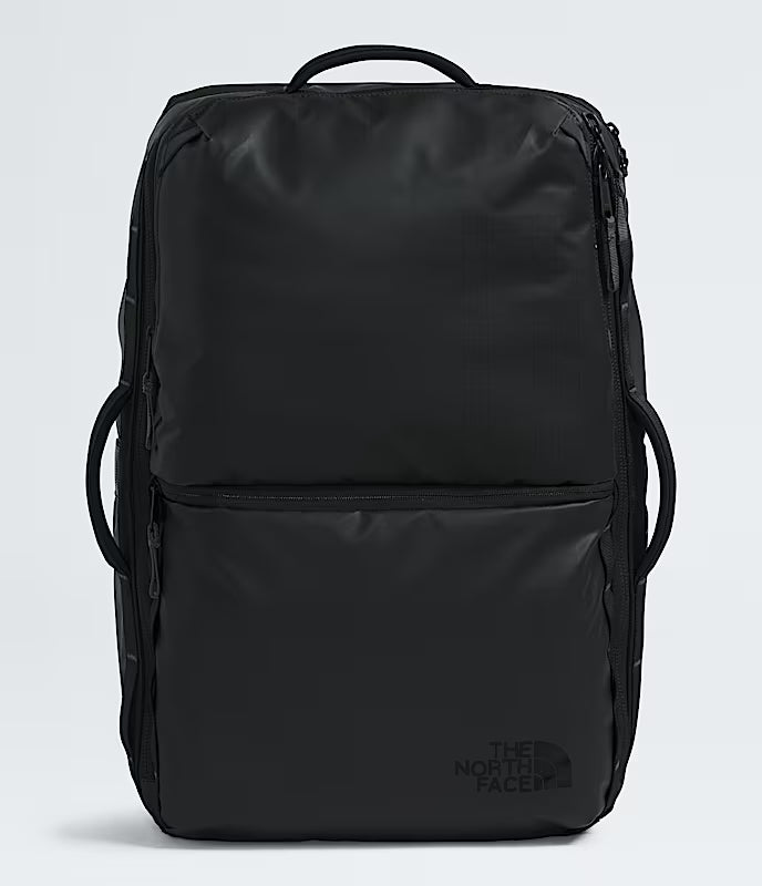 The North Face Base Camp Voyager Travel Pack 35L in Black/Asphalt Grey - front view showing water-resistant recycled fabric and stand-up design