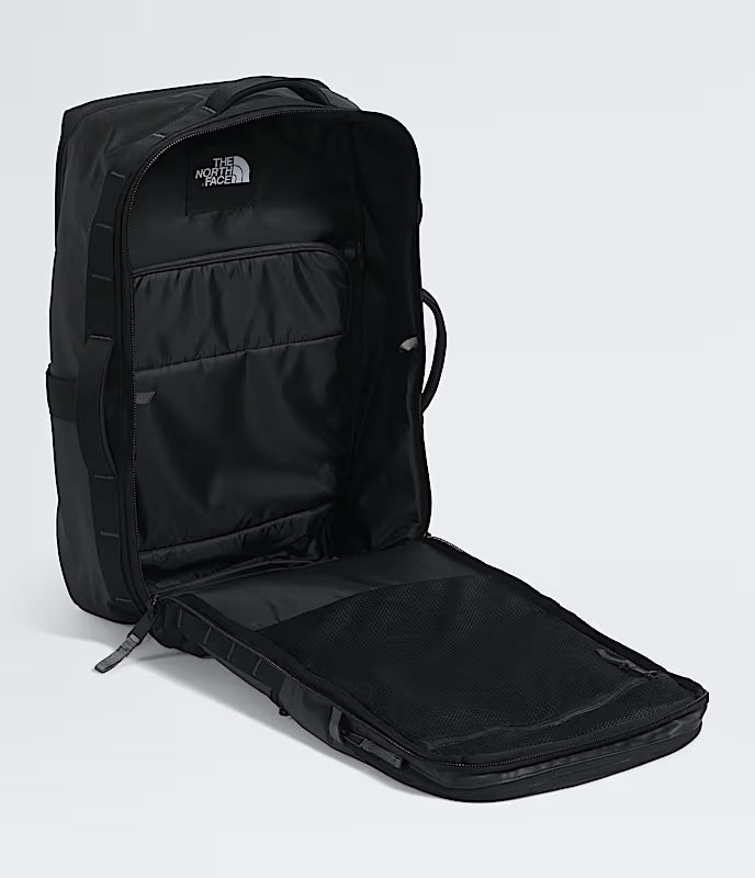 The North Face Base Camp Voyager Travel Pack 35L Black/Asphalt Grey - padded fleece-lined 16-inch laptop compartment and external organisation pocket detail