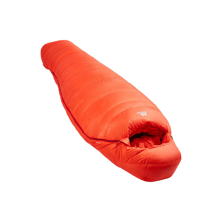 Mountain Equipment Kryos Sleeping Bag (-20°C/-4°F) Outdoor Action Cadinal Orange- Full Length (Angled)