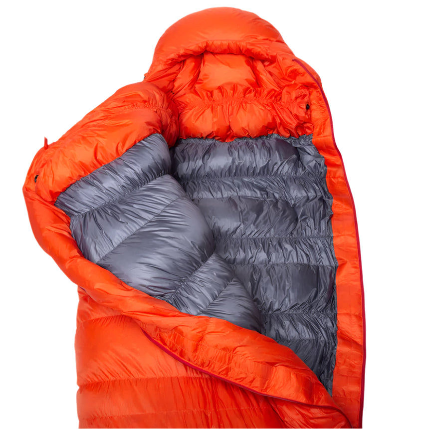 Mountain Equipment Xeros Sleeping Bag (-14°C/7°F) Outdoor Action Cardinal Orange- Gemini Zip Baffle
