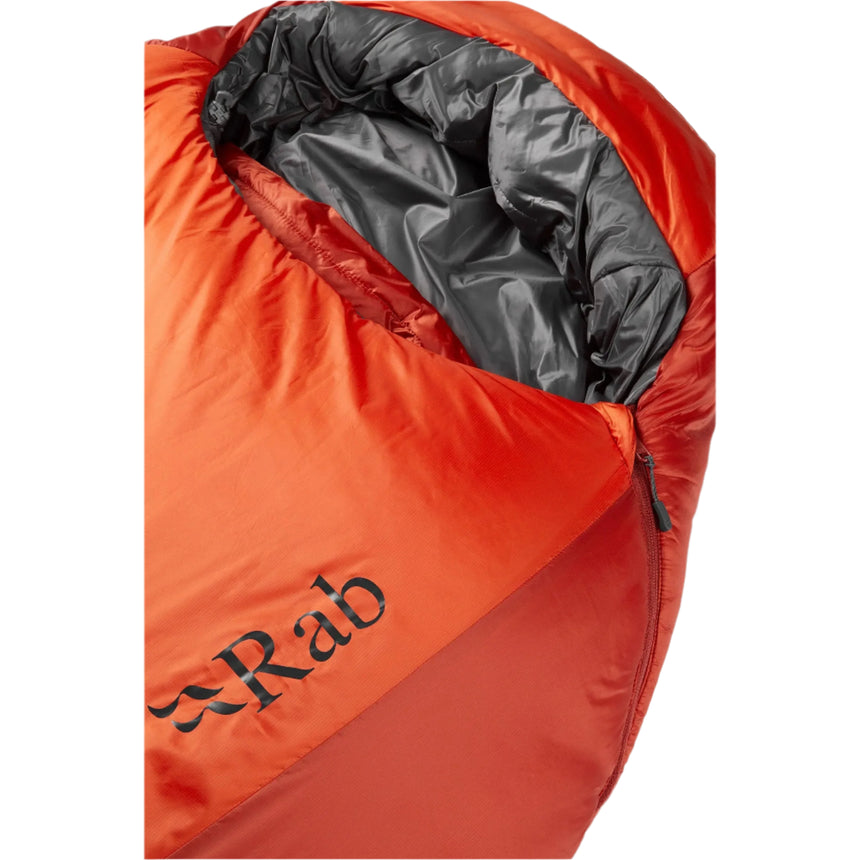 Rab Solar Eco 4 Sleeping Bag in Firecracker - hood detail with logo