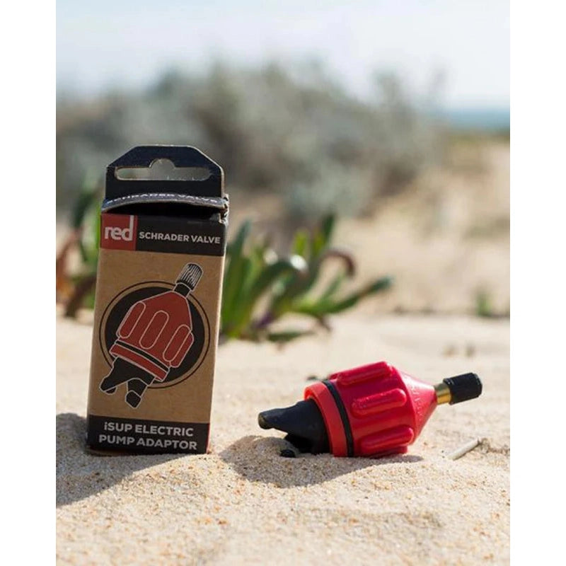 Red Paddle Electric Pump Schrader Valve Adaptor - Product and Packaging on Beach