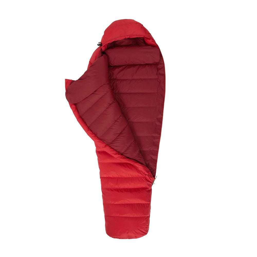 Mountain Equipment Glacier 700 Sleeping Bag in Imperial Red - side view showing full-length Gemini zip baffle and Drilite Loft II outer shell