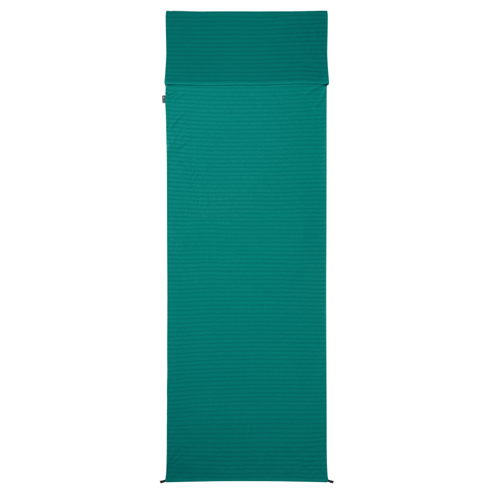 Mountain Equipment Groundup Rectangular Sleeping Bag Liner in Spruce Stripe - front view showing drirelease Lyocell fabric and lightweight stretchy construction