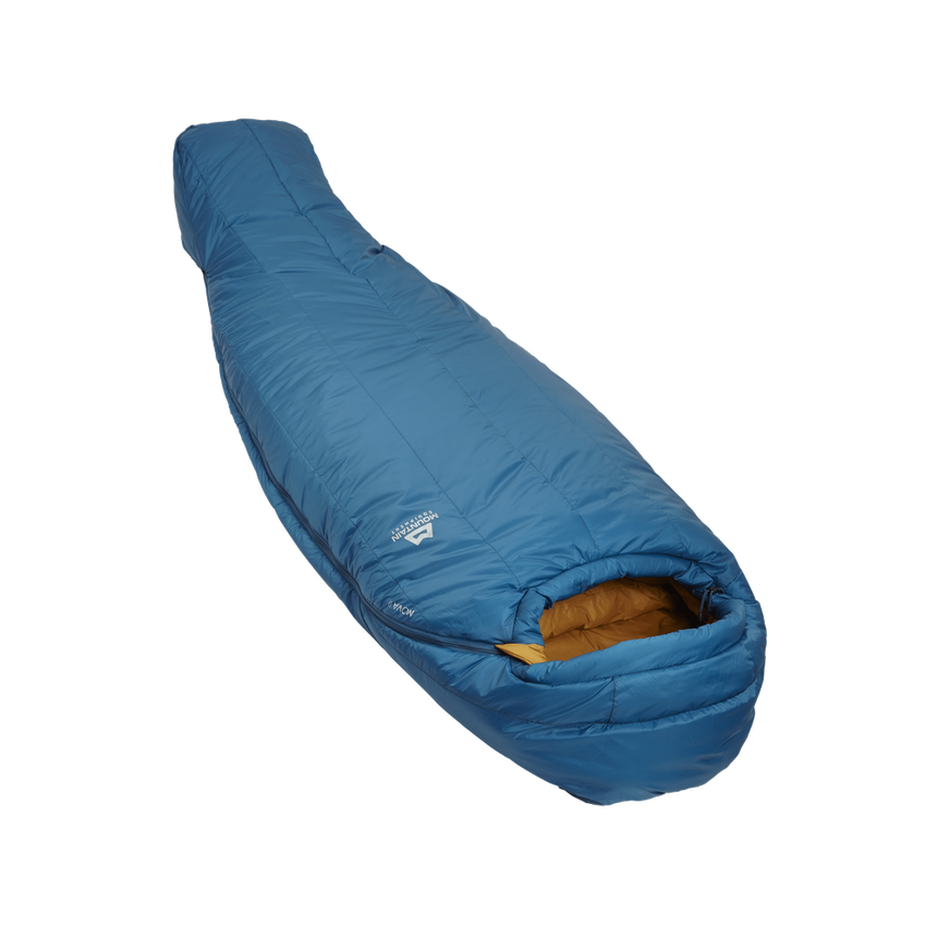 Mountain Equipment Nova II Women's Sleeping Bag in Ink/Pumpkin Spice - full length view showing spacious Mountain Fit and keystone shingle construction