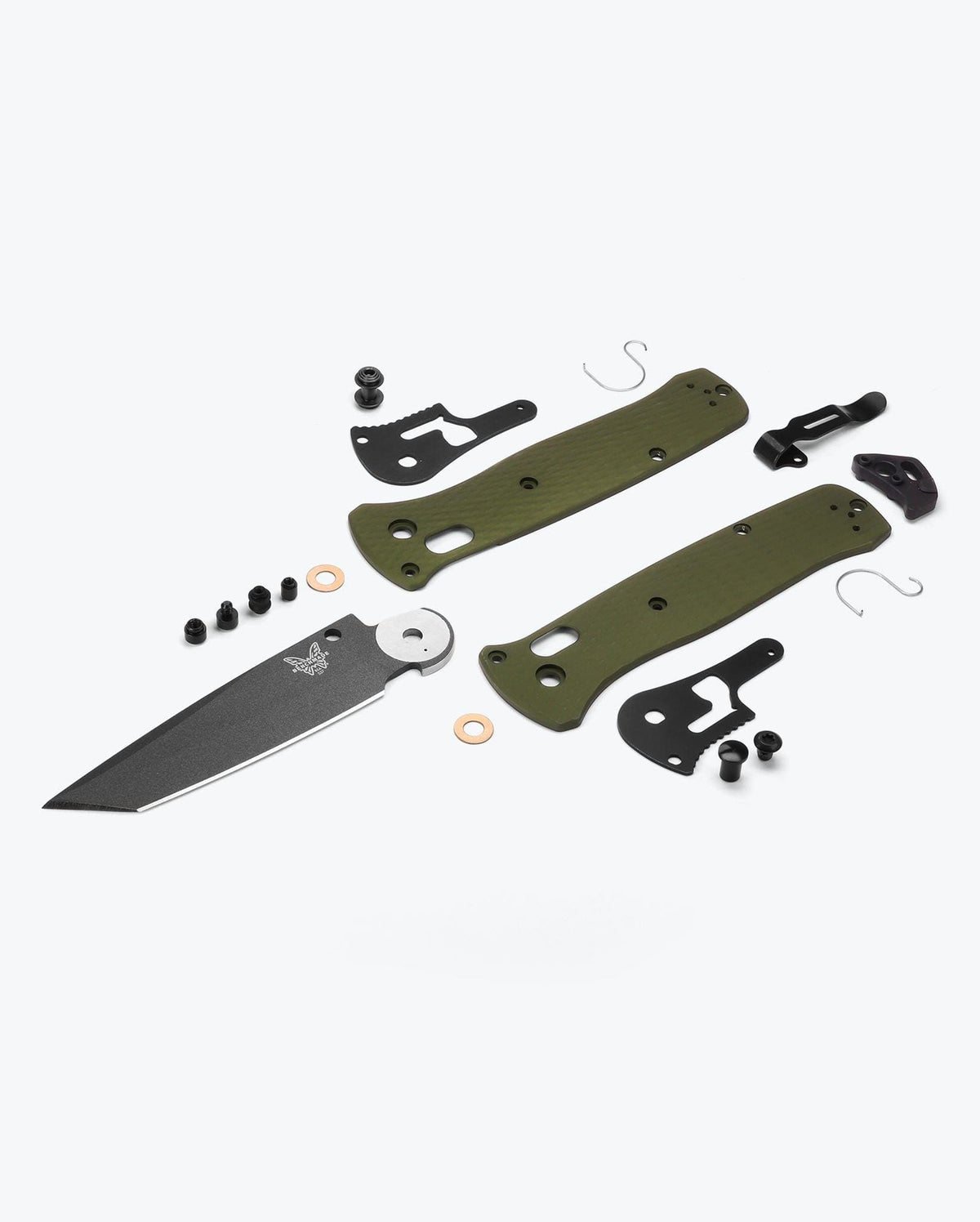 Benchmade Bailout 537GY-1 woodland green aluminium knife, exploded components