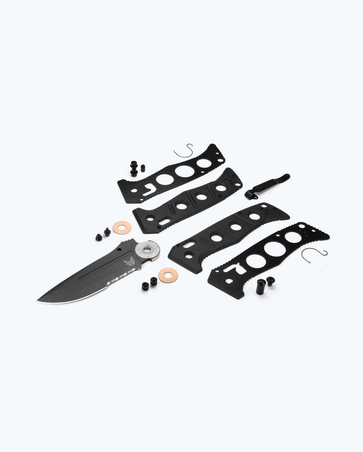 Benchmade Adamas 275SGY-03 black G10 serrated folding knife, exploded components