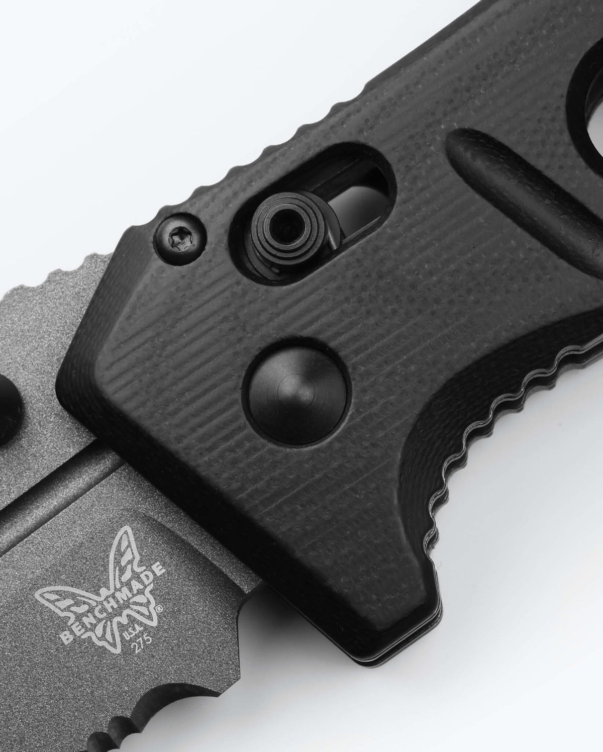 Benchmade Adamas 275SGY-03 black G10 serrated folding knife, handle detail