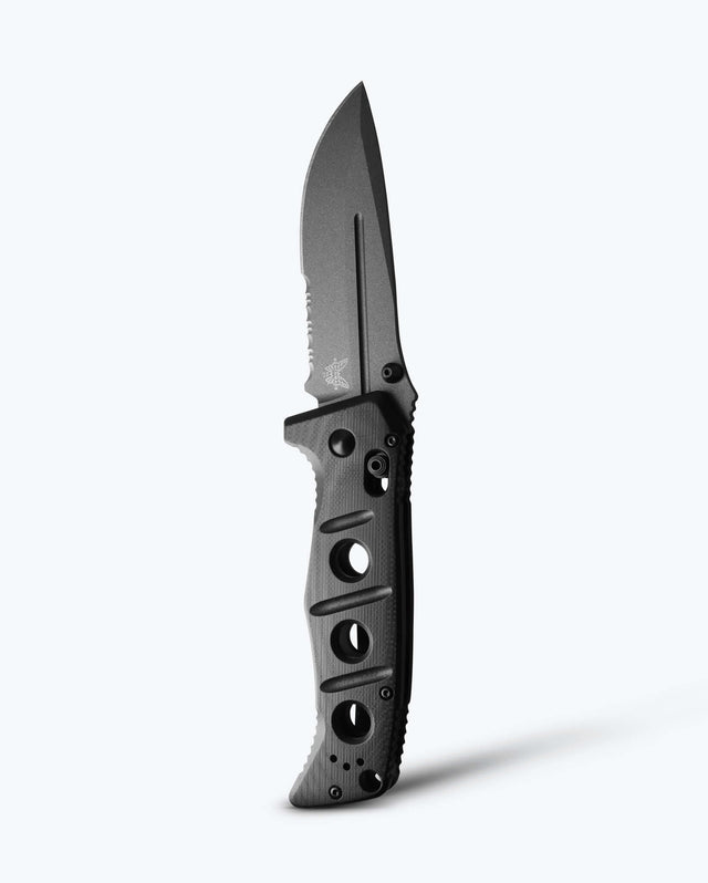 Benchmade Adamas 275SGY-03 black G10 serrated folding knife, open front view