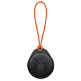 Black round object with an orange strap on a white background