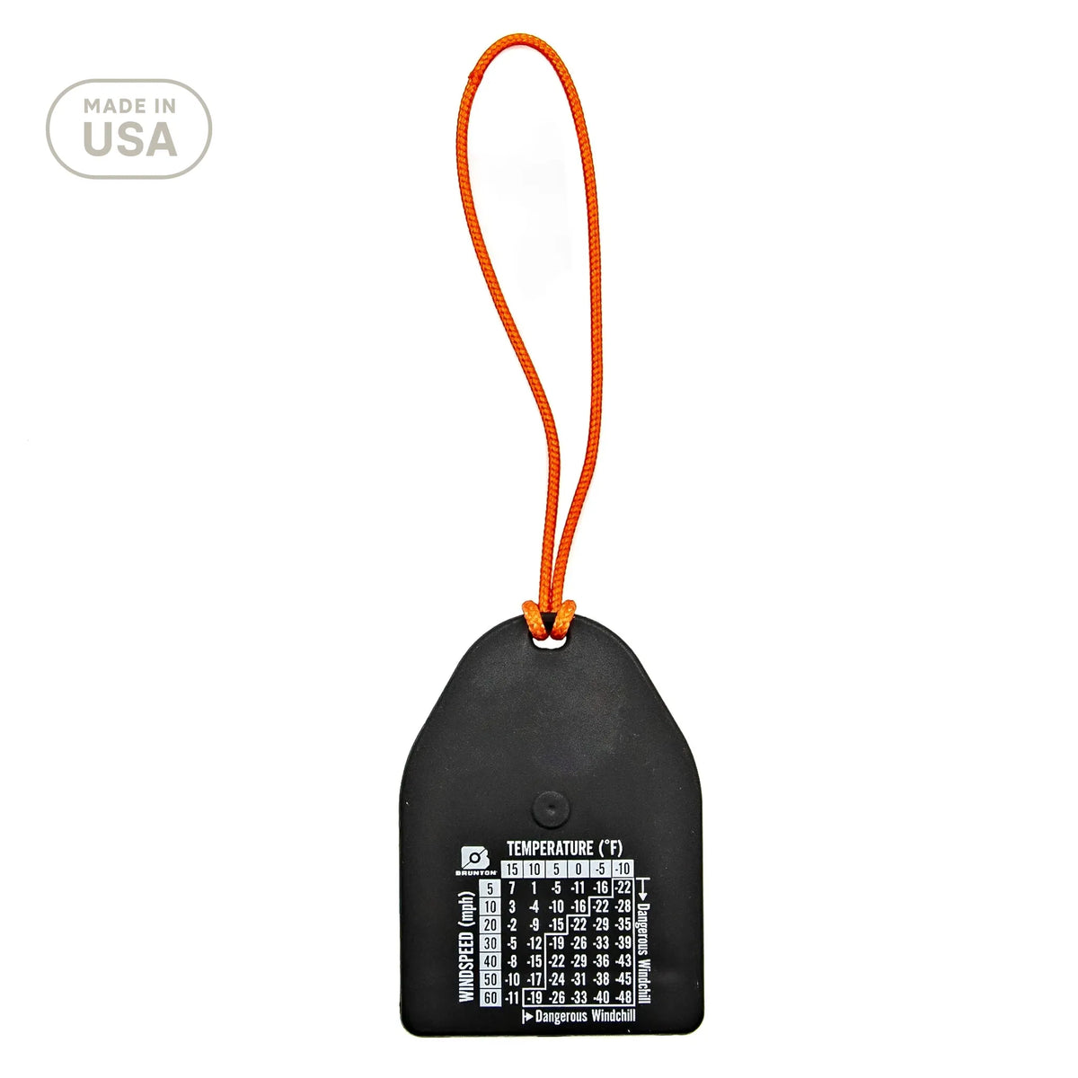 Black temperature gauge with orange string on a white background