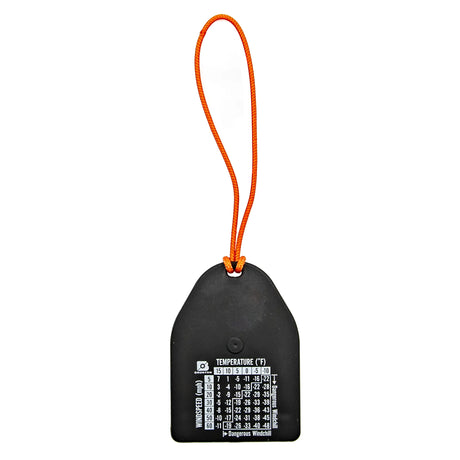 Black temperature gauge with orange string on a white background