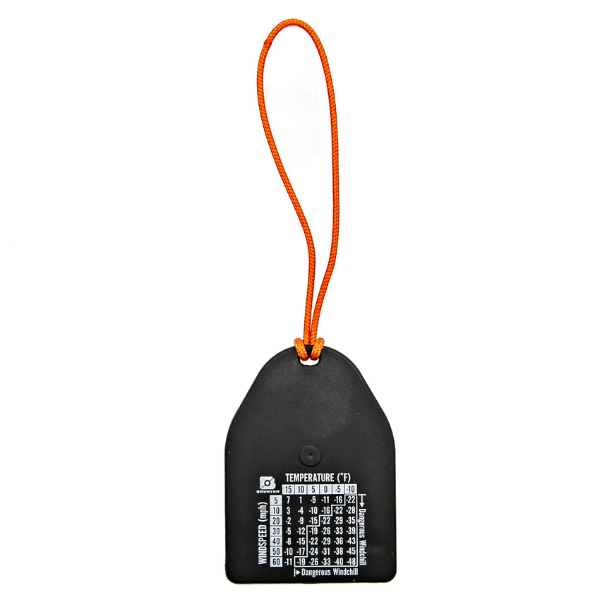 Black temperature gauge with orange string on a white background
