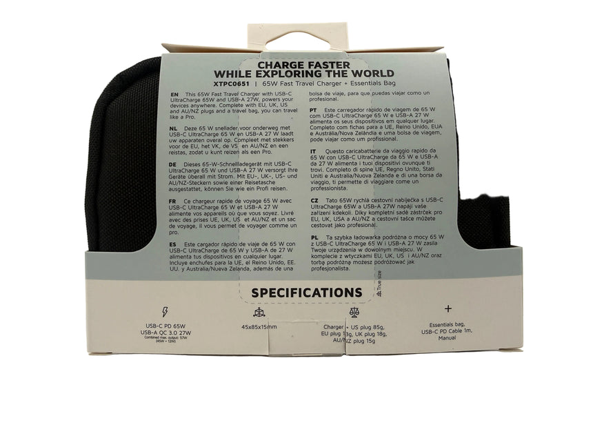 Black travel charger case with specifications on a white background