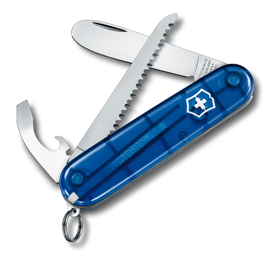 Blue Swiss Army knife with multiple tools on a white background