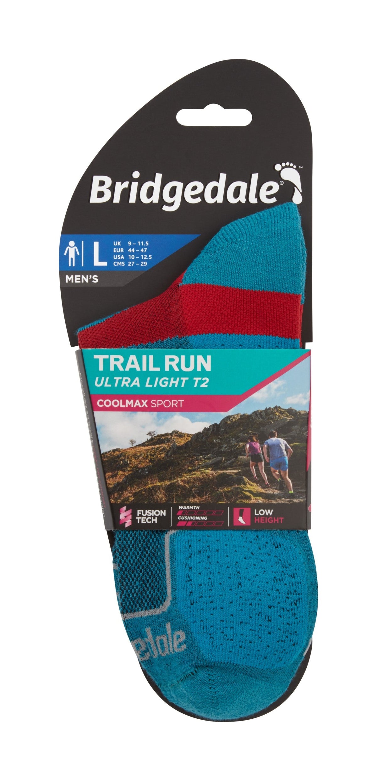 Bridgedale Men's Trail Run Ultra Light T2 Coolmax Sport Low Socks in Blue - packaging