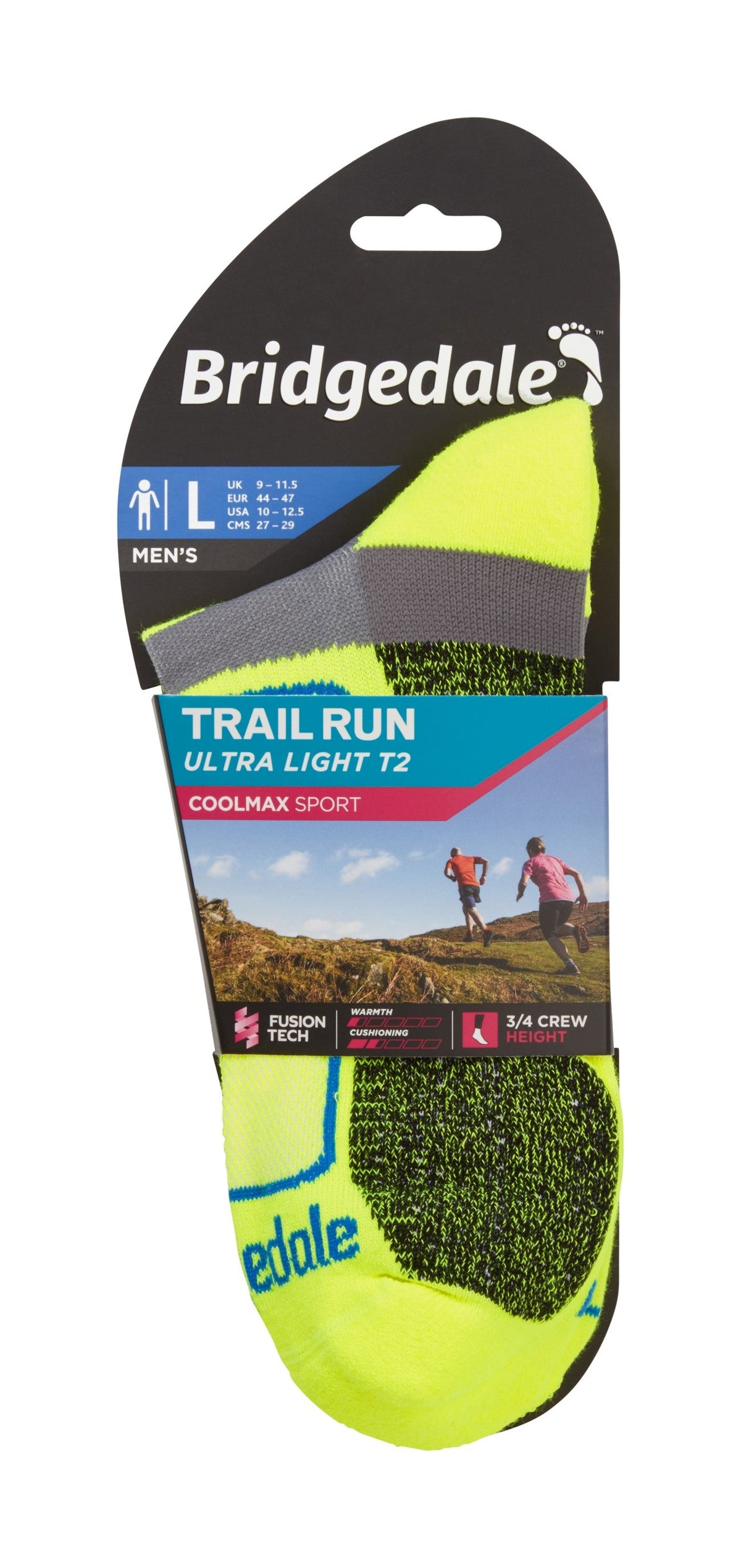 Bridgedale Men's Trail Run Ultra Light T2 Coolmax Sport 3/4 Crew Socks in Yellow - packaging