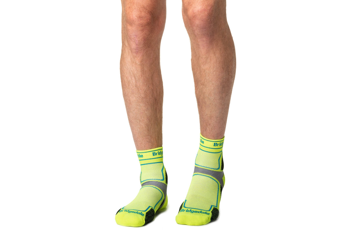 Bridgedale Men's Trail Run Ultra Light T2 Coolmax Sport 3/4 Crew Socks in Yellow - worn