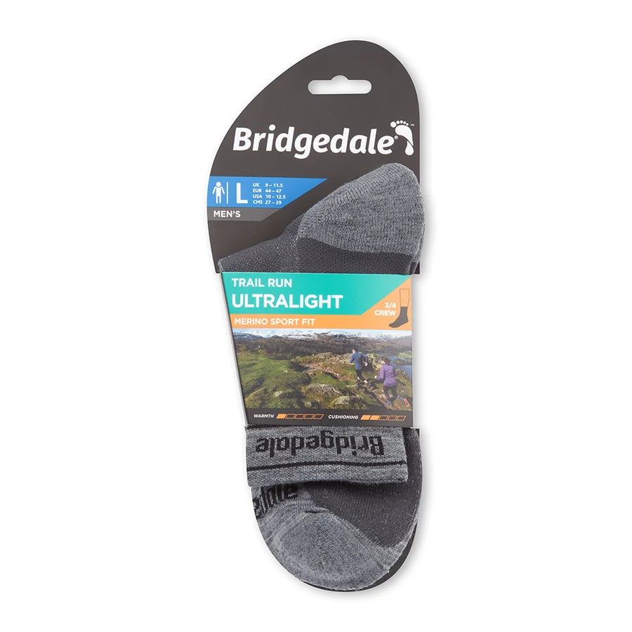 Bridgedale TRAIL RUN Ultralight T2 Merino Sport 3/4 Socks in Grey - in packet
