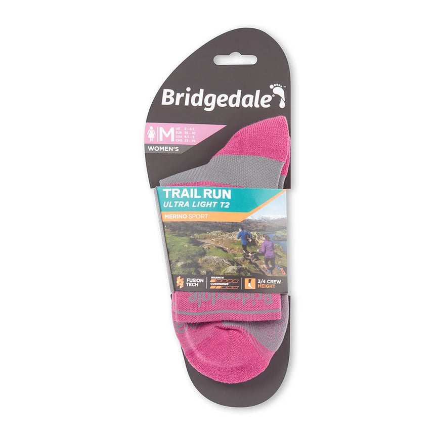 Bridgedale Women's TRAIL RUN Ultralight T2 Merino 3/4 Socks in Pink - in packet
