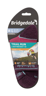 Bridgedale Women's Trail Run Lightweight T2 Merino Sport 3/4 Crew Socks in Charcoal/Purple - packaging