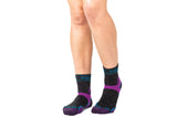Bridgedale Women's Trail Run Lightweight T2 Merino Sport 3/4 Crew Socks in Charcoal/Purple - worn
