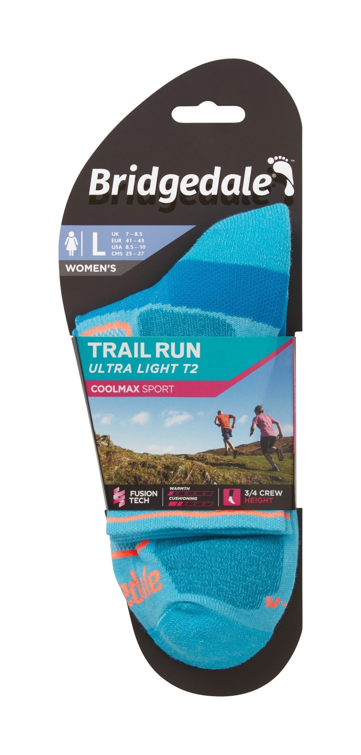 Bridgedale Women's Trail Run Ultra Light T2 Coolmax Sport 3/4 Crew Socks in Blue - packaging