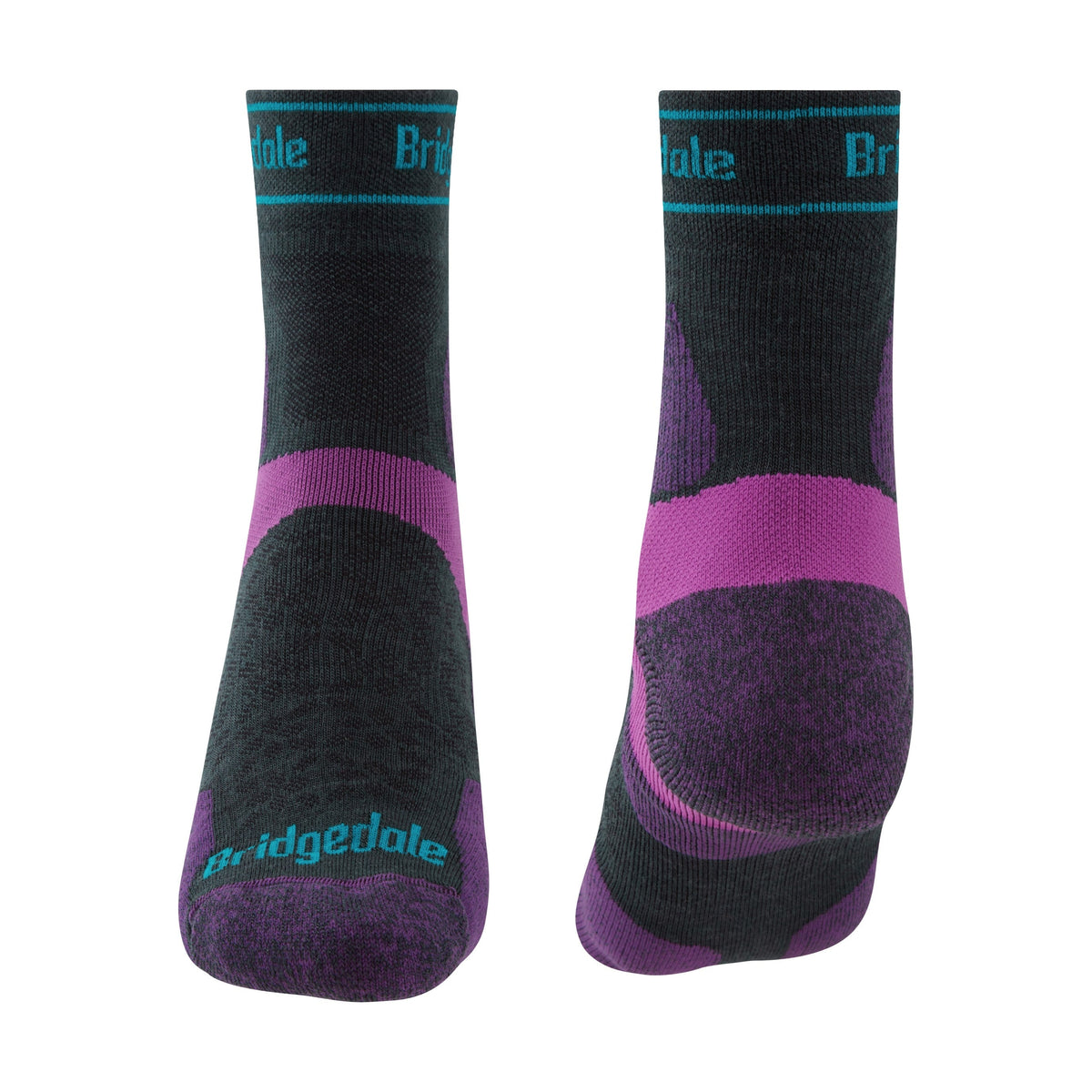 Bridgedale Women's Trail Run Ultralight T2 Merino Sport 3/4 Crew Socks in Damson - front and back