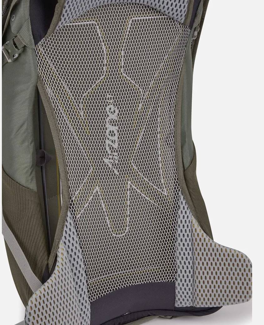 Close-up of a backpack with a mesh back panel and brand logo on a white background