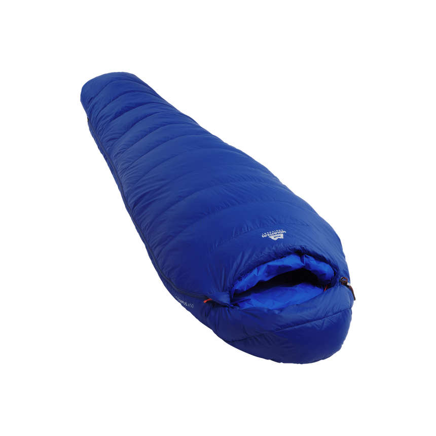 Mountain Equipment Olympus 450 Sleeping Bag Outdoor Action Admiral Blue- slanted full length