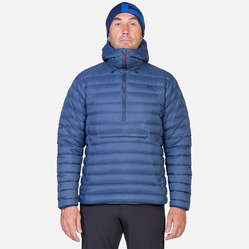 Mountain Equipment Earthrise Hooded Men's Pullover Outdoor Action Dusk - Front Fit on Model