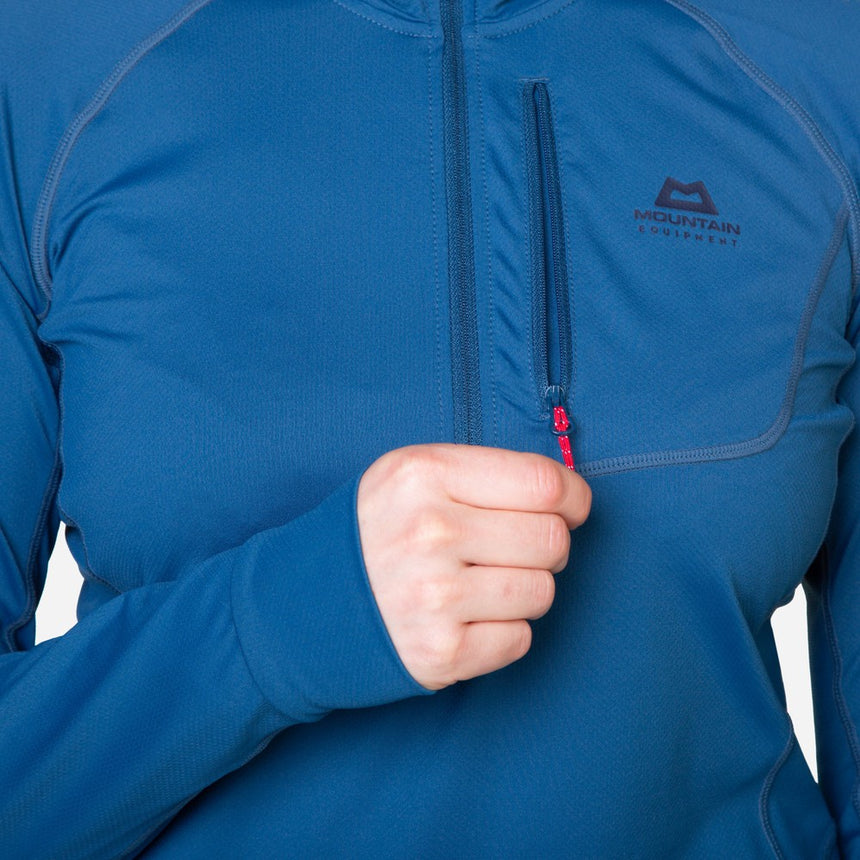 Mountain Equipment Aiguille Hooded Women's Top Outdoor Action Majolica Blue - Chest zip pocket
