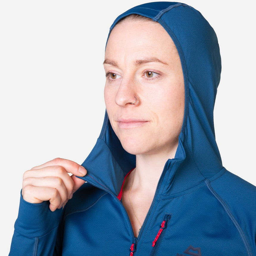 Mountain Equipment Aiguille Hooded Women's Top Outdoor Action Majolica Blue - Close fitting hood