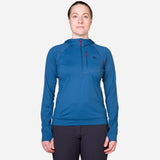 Mountain Equipment Aiguille Hooded Women's Top Outdoor Action Majolica Blue - Front Fit on Model