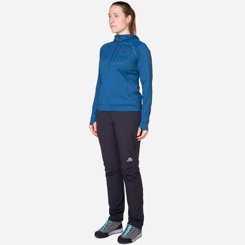 Mountain Equipment Aiguille Hooded Women's Top Outdoor Action Majolica Blue - Full View on Model