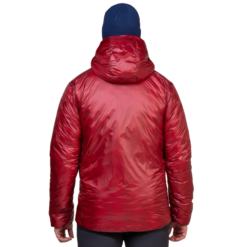 Mountain Equipment Oreus Hooded Men's Jacket Outdoor Action Merlot/Admiral Blue- back fit on model
