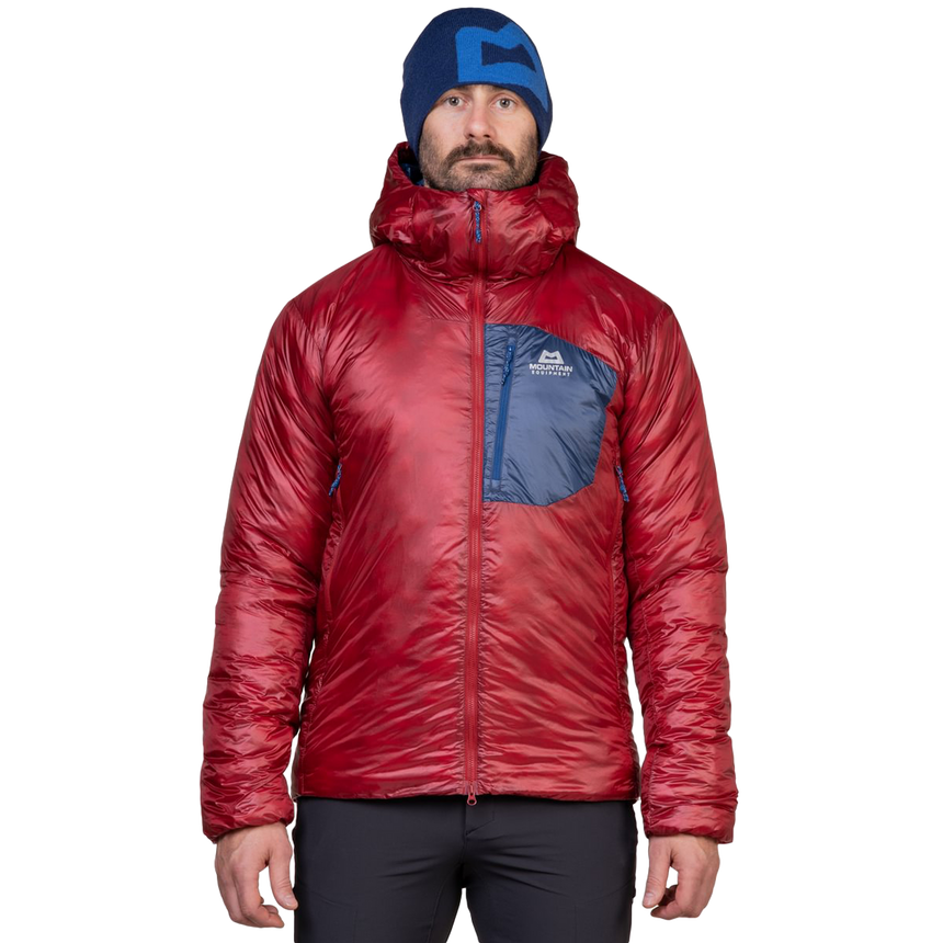 Mountain Equipment Oreus Hooded Men's Jacket Outdoor Action Merlot/Admiral Blue- front fit on model