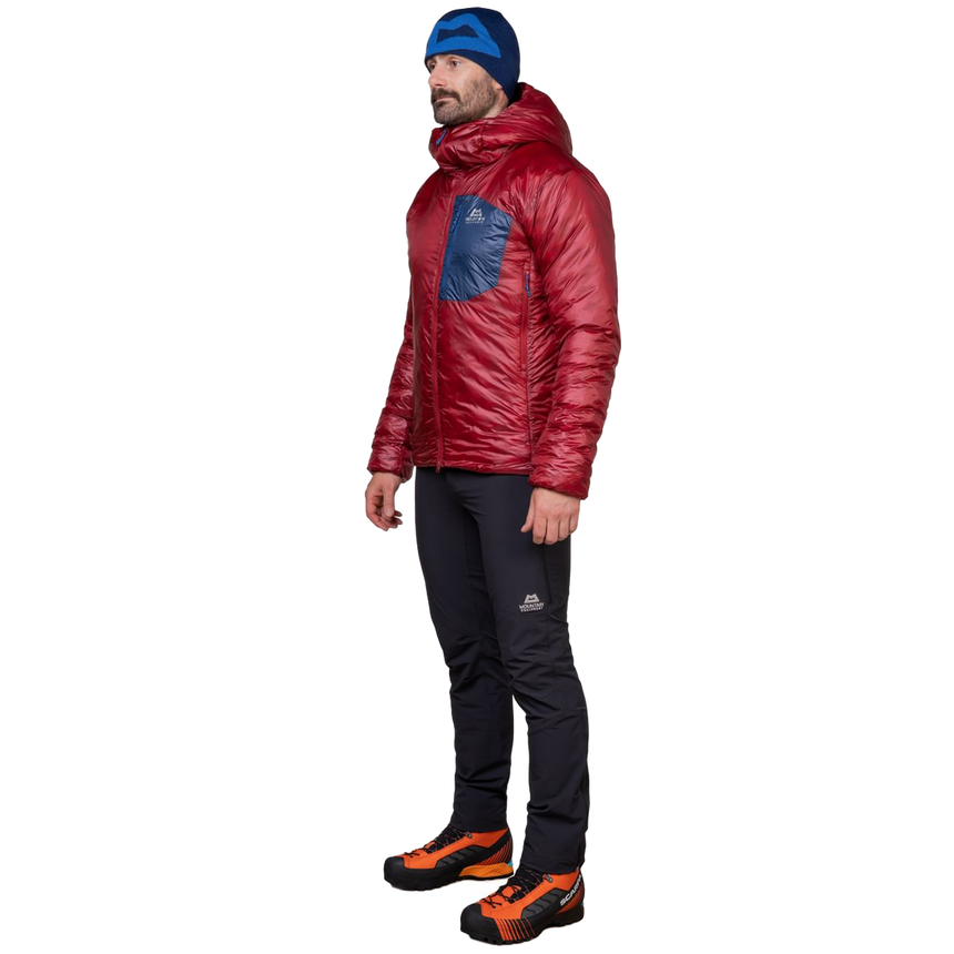 Mountain Equipment Oreus Hooded Men's Jacket Outdoor Action Merlot/Admiral Blue- side fit on model