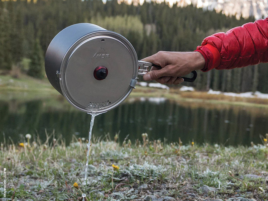 MSR WindBurner Sauce Pot Outdoor Action- lid strainer