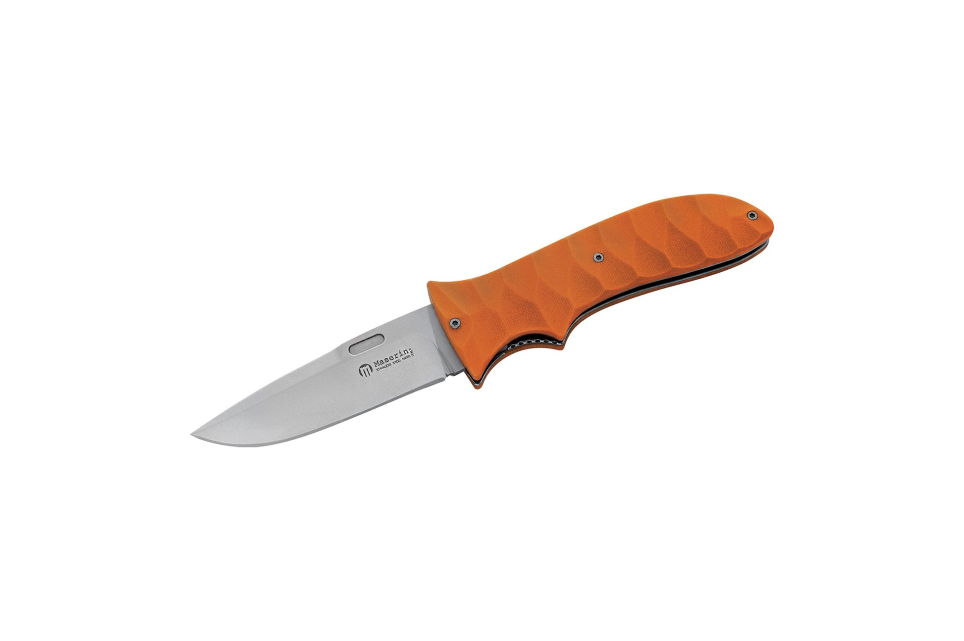 Maserin 384 GTO lightweight EDC folding knife with black G10 textured handle and nylon sheath - N690 steel