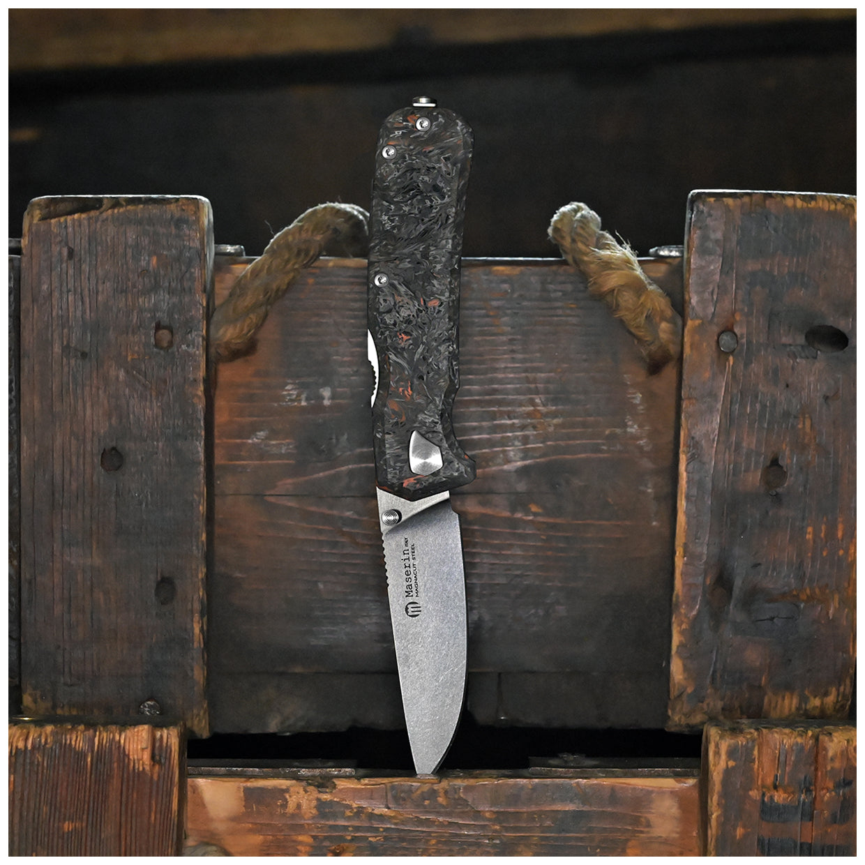 Maserin 630 Pulse curved drop point MagnaCut steel blade with stonewashed finish - HRC 62 hardness